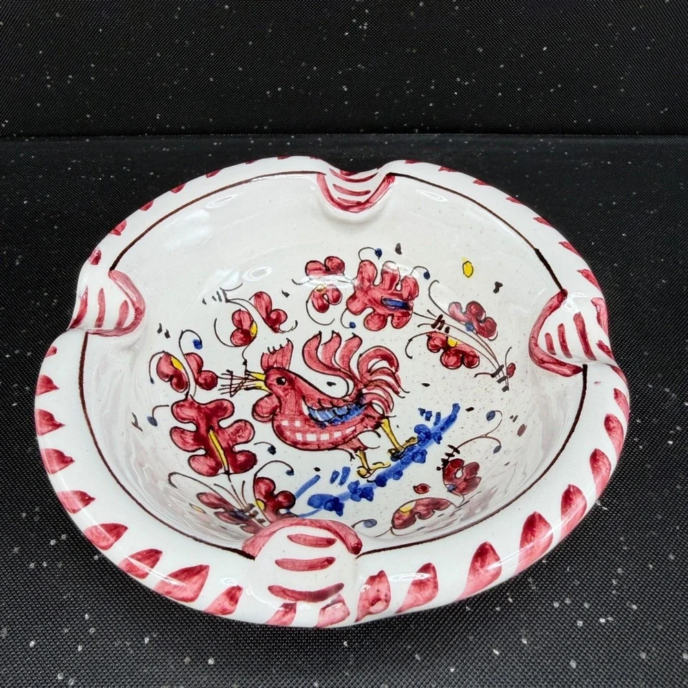 Vintage PV Italy Hand Painted Ceramic Rooster Ash Holder Red Floral Bowl 6724 D